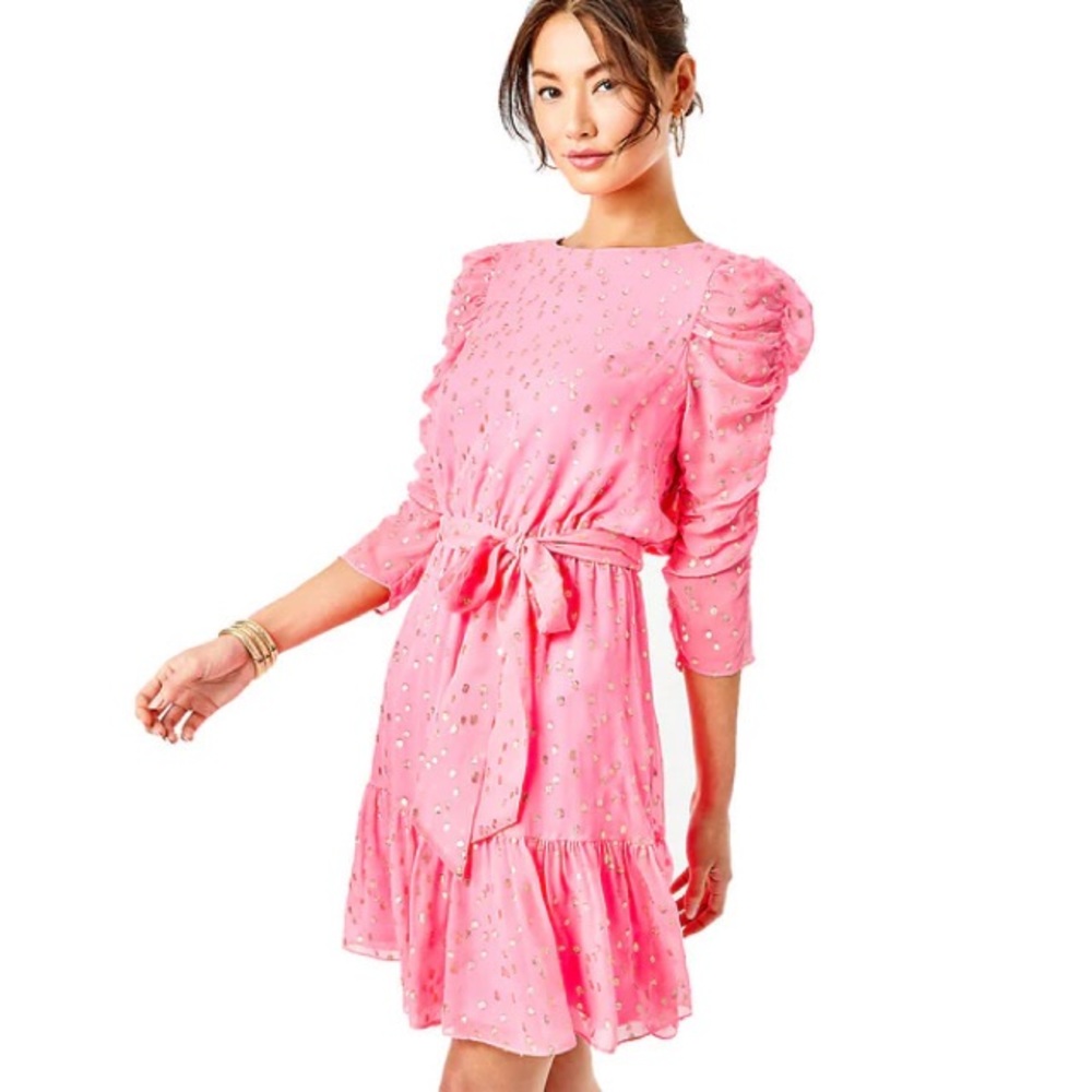 NWT Lilly Pulitzer Chianna Silk Dress in Coral Sands Gold Metallic Silk Clip